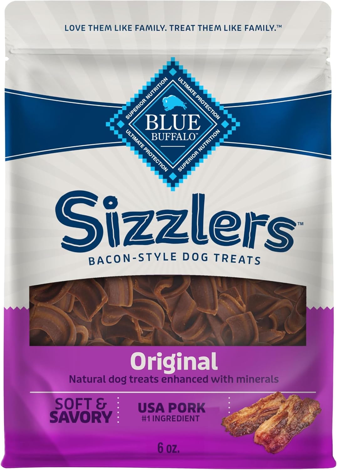 Blue Buffalo Sizzlers Natural Soft Dog Treats, Bacon-Style Soft-Moist Dog Treats with Real USA Pork, Original Flavor, 6-oz Bag