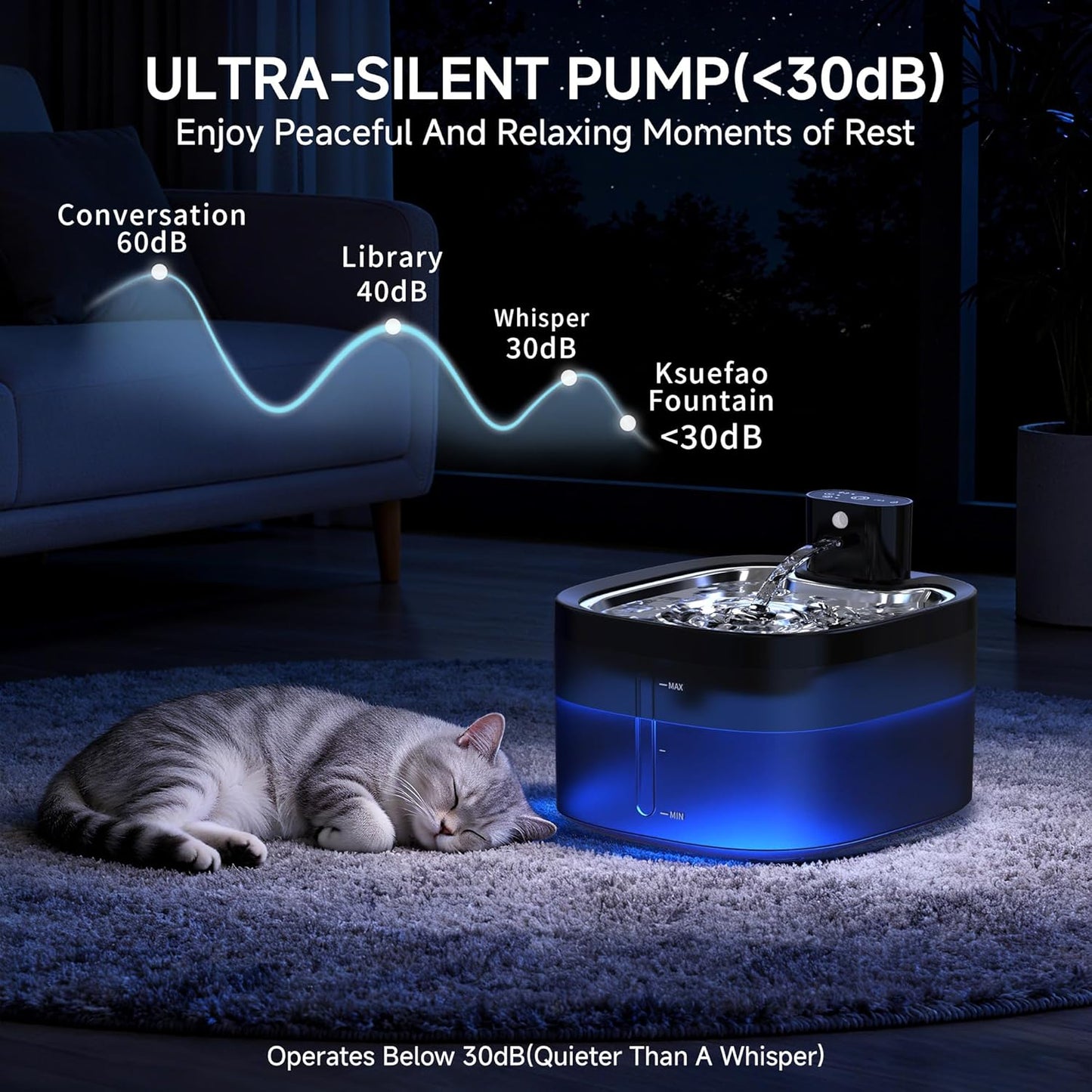 Wireless Cat Water Fountain with Stainless Steel Tray, 3.5L/118oz Rechargeable Battery Pet Water Dispenser, Ultra-Quiet Indoor Fountain with Motion Sensor, BPA-Free(2Filters)