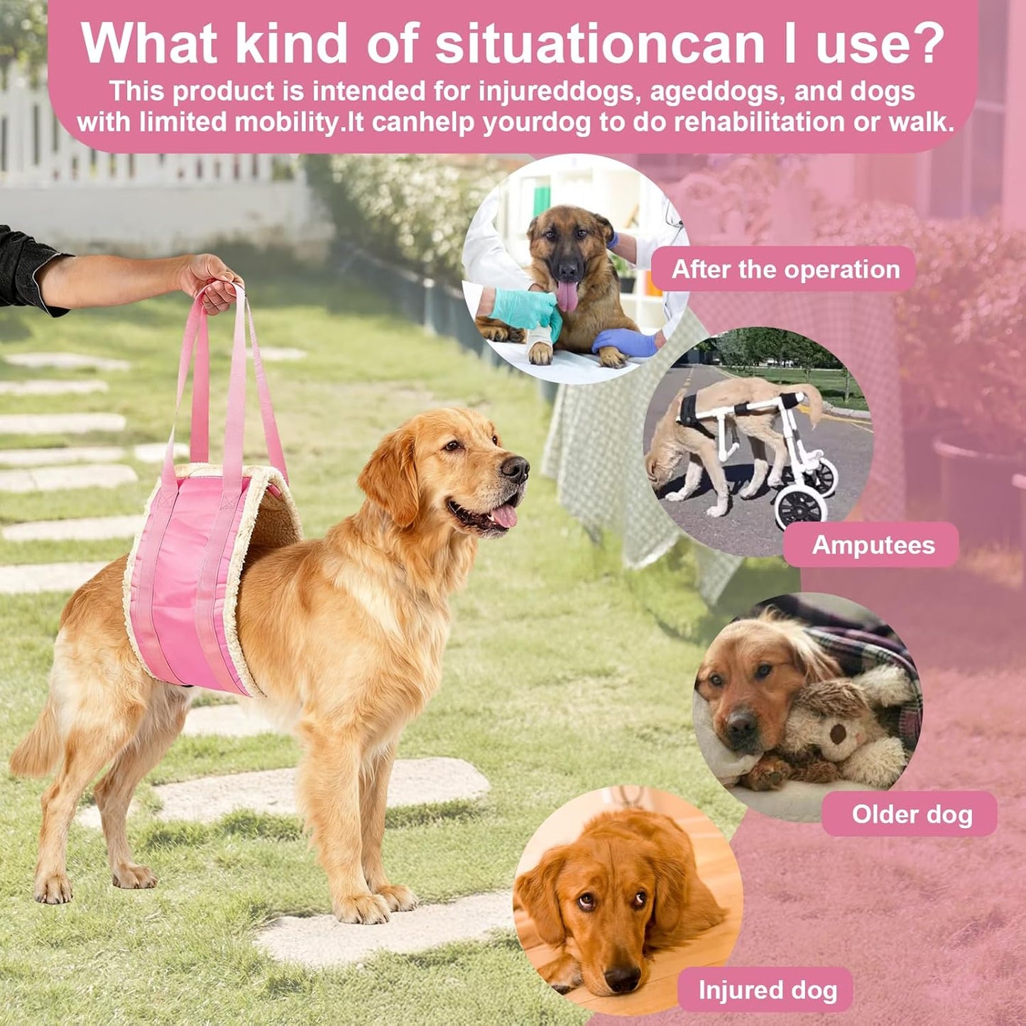 20-150lb Dog Sling for Large Dogs Hind Leg Support, Hevy Duty Portable Dog Lift Harness for Back Legs, Dog Hip Harness Large Breed, Pink, Large