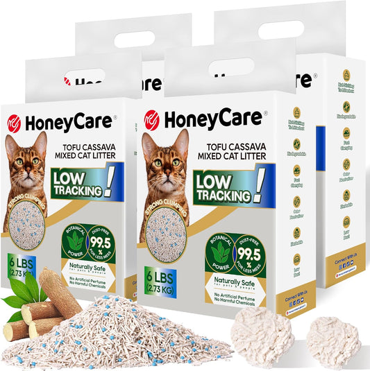 HoneyCare Cassava Tofu Mixed Cat Litter I Quick Clumping, Odor Control, Plant-Based Natural Ingredients, Non-Stick, Low Tracking, & Low Dust, 24 Lbs (4 Packs)