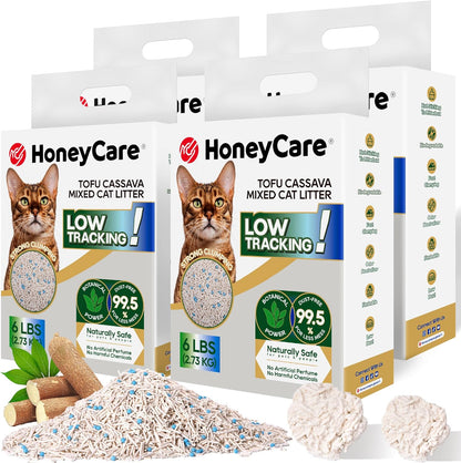 HoneyCare Cassava Tofu Mixed Cat Litter I Quick Clumping, Odor Control, Plant-Based Natural Ingredients, Non-Stick, Low Tracking, & Low Dust, 24 Lbs (4 Packs)