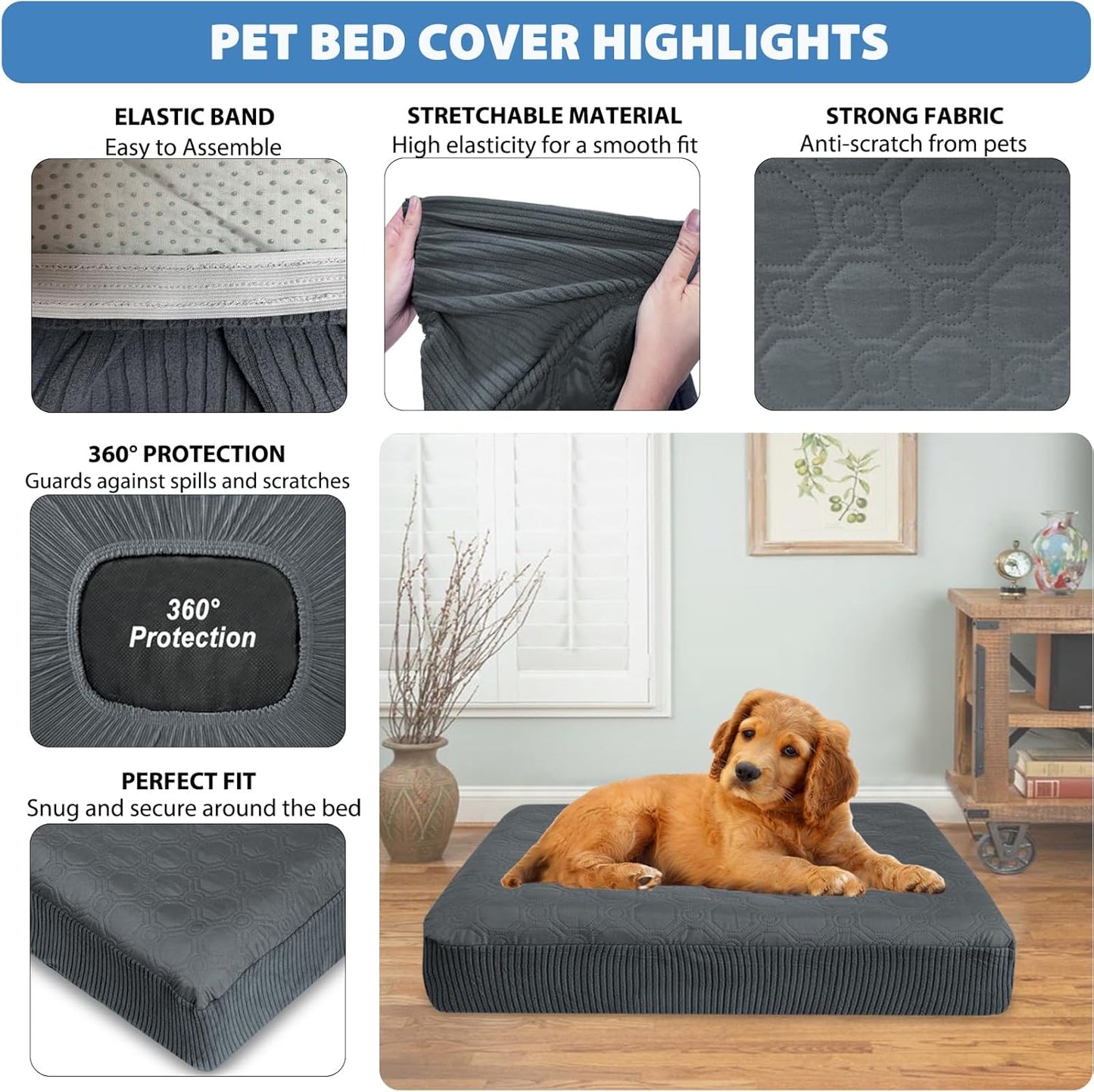 Dog Bed Cover Waterproof, Non-Slip Rectangular Pet Bed Protector for Dogs & Cats, Removable Washable Bed Sheet Replacement,44"x35"x8",Gray,2Pcs,Covers Only