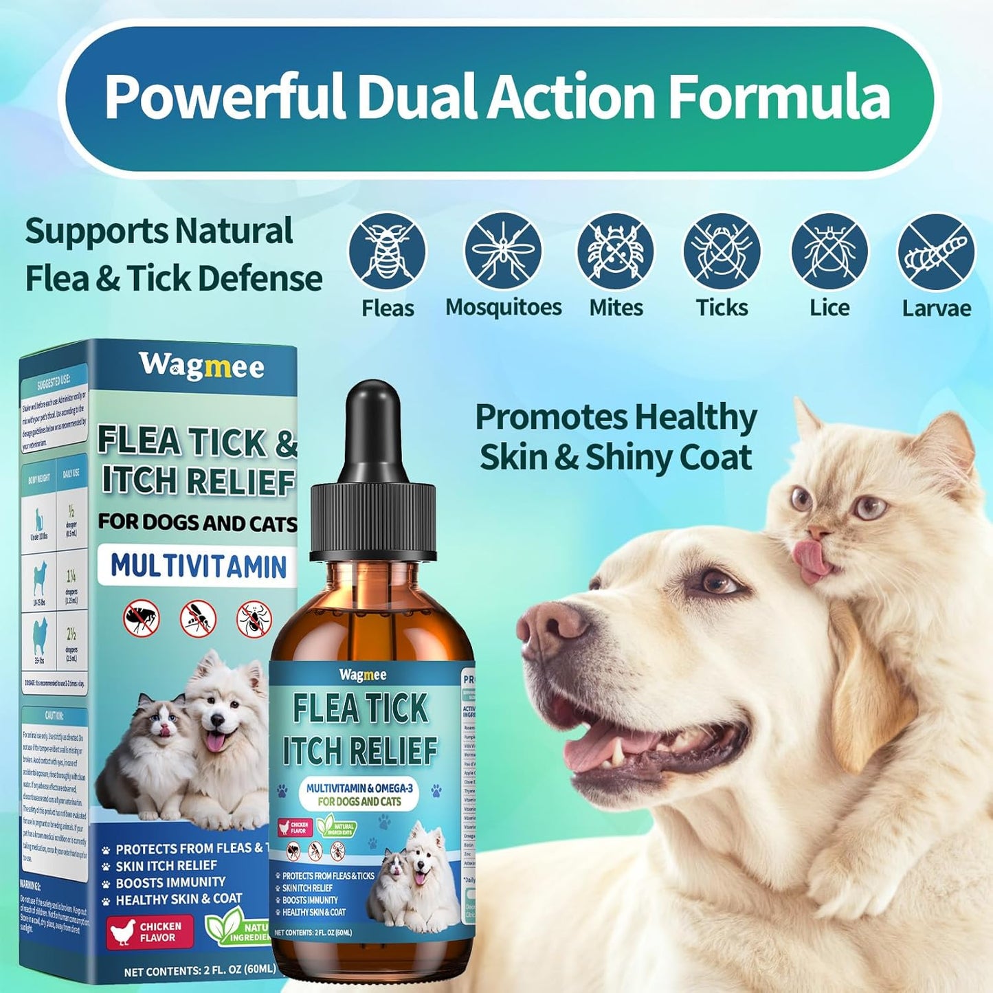 Flea and Tick Prevention for Dog and Cat & Flea and Tick Prevention for Cats Chews, Skin & Coat Support - Fleas & Tick Supplement for Cats & Dogs - Natural Chicken Flavor