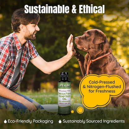 Lifeline Premium Omega 3 Fish & Hemp Oil for Dogs & Cats | Wild Caught | Skin, Coat & Joint Support | Pet Calming Supplement with Astaxanthin | Supports Pain Relief – 8.5 oz