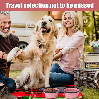 SLSON Collapsible Dog Dual Bowls Reinforced Rim 180 Degrees Flip Over Foldable Double Bowl with Lock Clips More Stable Dog Travel Bowls Pet Food Water Feeder (Light Pink)