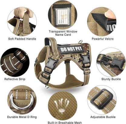 Tactical Dog Harness and Leash Set for Large Dogs,Heavy Duty No Pull Service Dog Vest and 10 Patches with Dog Seat Belt,Reflective Adjustable Pet Harness for Training Walking Hiking Camo L