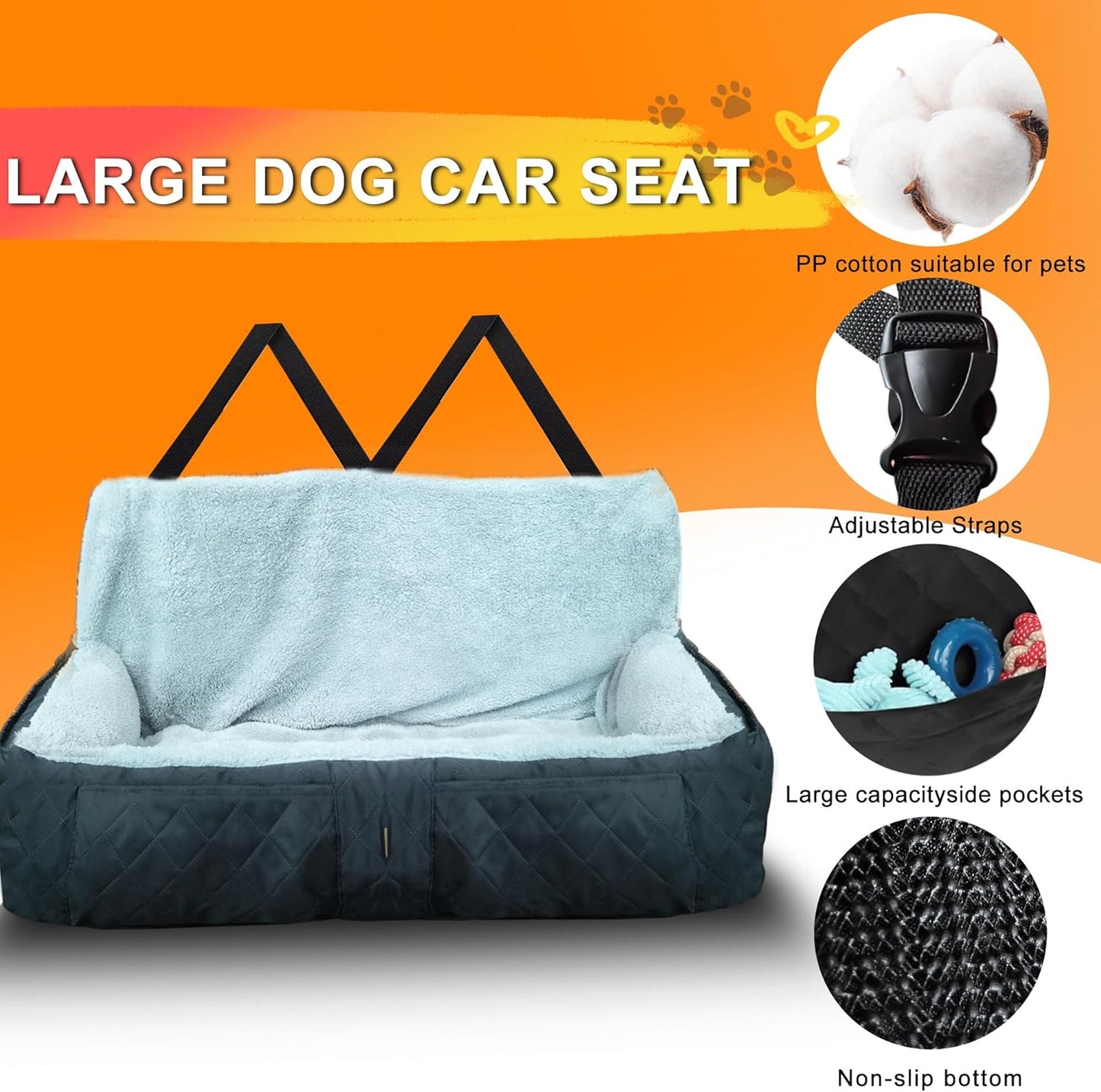 Large Dog Car Seat, Detachable Washable Car Dog Bed for Large/Medium or 2 Small Dogs, Soft Fabric and Non-Slip Base Covers for Cars Back Seat, Travel Pet Seat Covers Backseat