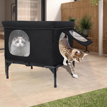 Outdoor Cat House Weatherproof, Insulated Feral Cat Houses for Cats with Cozy Cushion, Elevated Outdoor Cat Shelter, Equipped with Escape Door, Outside Cats House for Stray Cats(Small)