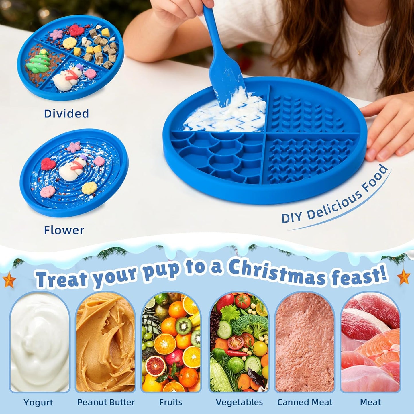 2 in 1 Slow Feeder Dog Bowls with Suction Cups,Silicone Lick Mat for Dogs,DIY Wet or Dry Food,Slow Feeder & Non-Slip Design & Dishwasher Safe,Treat Mat Puzzle for Dogs Cat,UU Bowl,Navy,Flower Lick Pad