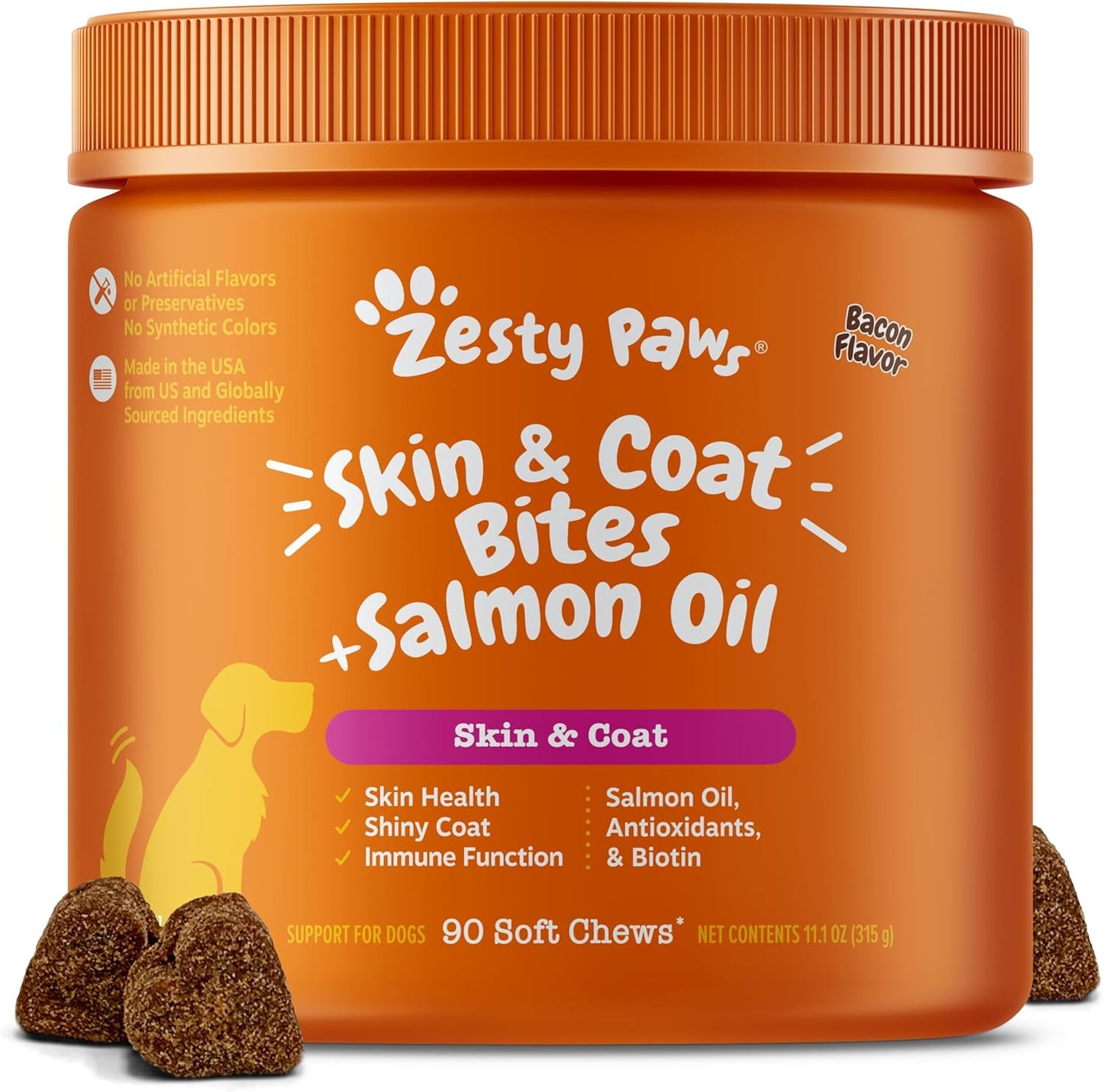 Zesty Paws Salmon Oil for Dogs Skin and Coat, Omega 3 Fish Oil Chews, Dog Allergy Relief Chews, Itch Relief Supplement, 90 Count, Bacon Flavor