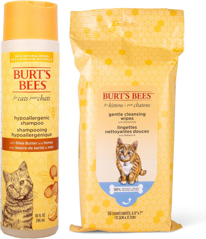 Burt's Bees for Pets Hypoallergenic Cat Shampoo & Kitten Wipes | Gentle Cat Grooming Set with Shea Butter, Honey & Buttermilk | 99%+ Natural Origin Formulas | Waterless Cat Cleaning Wipes & Shampoo