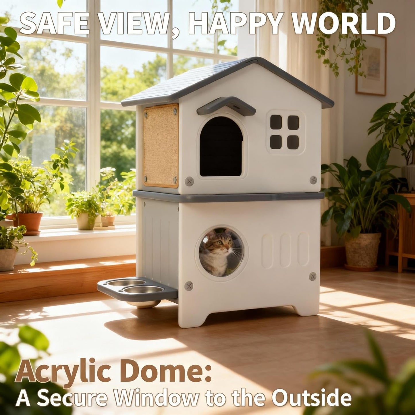 Weatherproof Outdoor Cat House Insulated for Feral Multi Cat, 2 Storey Plastic Elevated Cat Shelter with Escape Door, Scratching Post, Stainless Steel Bowl, Grey 35" D x 15" W x 20" H