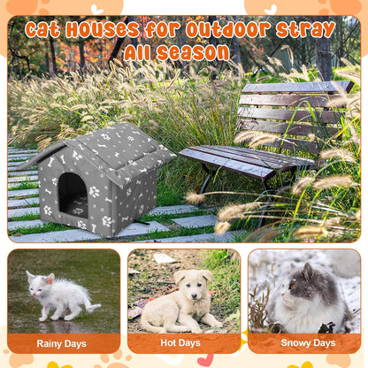 4Pcs Cat Houses for Outdoor Stray Cats Shelter Weatherproof Outdoor Cat House Indoor Foldable Warm Pet Cave with Paw Print for Feral Cat Dog Winter Wild Animal(Grey, Small)