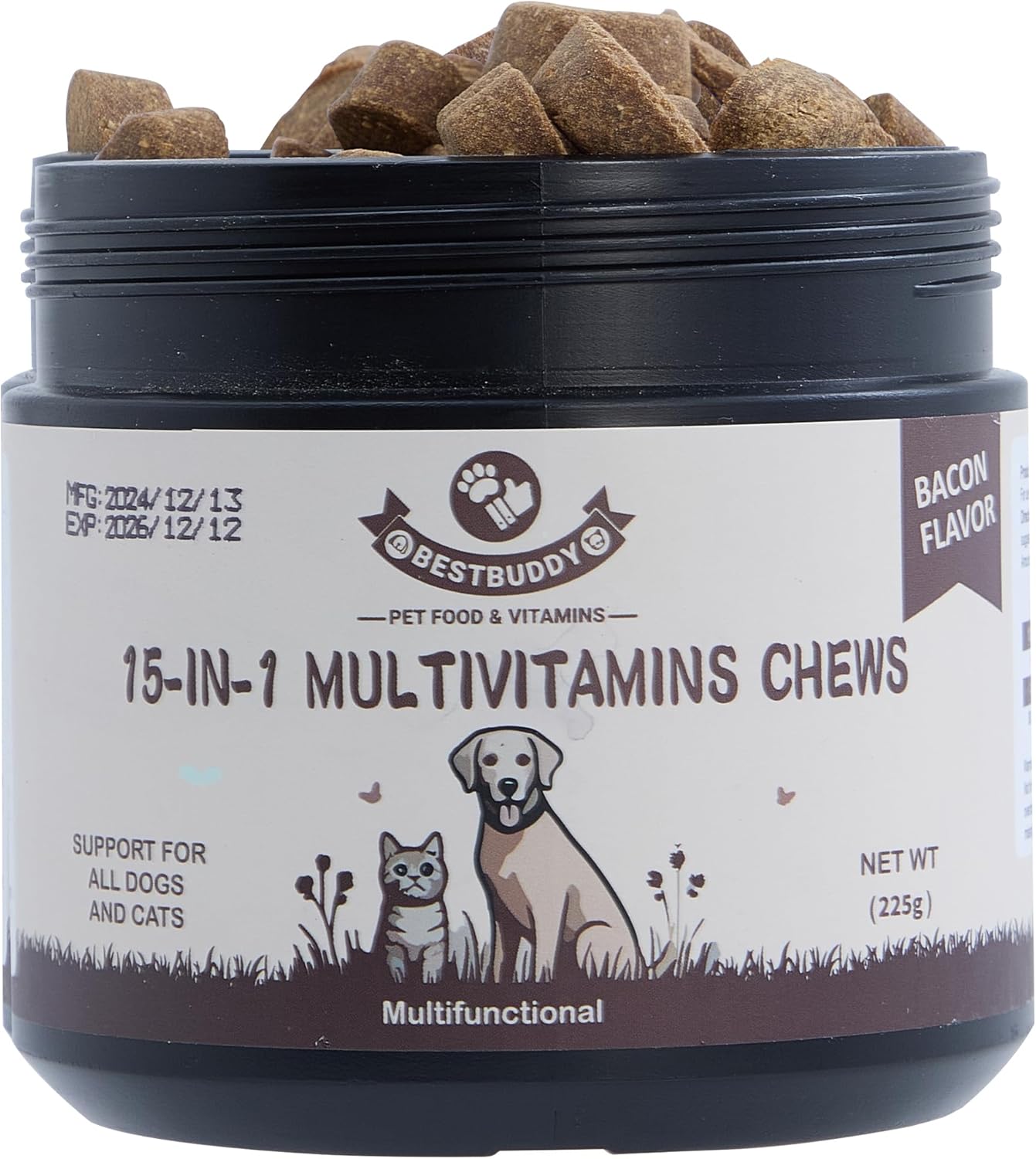 Best Buddy Multivitamin 15-in-1 Treats for Dogs I Cats, Complete Health Supplement Joint Support + Digestive Enzymes, Grain Free Dog Vitamins and Supplements for Skin & Coat (Bacon/Pork, 225g)