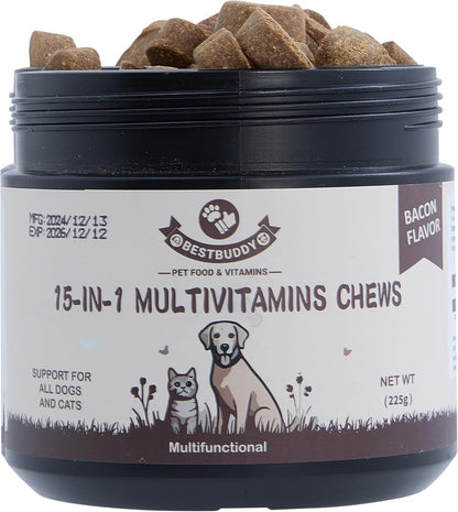 Best Buddy Multivitamin 15-in-1 Treats for Dogs I Cats, Complete Health Supplement Joint Support + Digestive Enzymes, Grain Free Dog Vitamins and Supplements for Skin & Coat (Bacon/Pork, 225g)