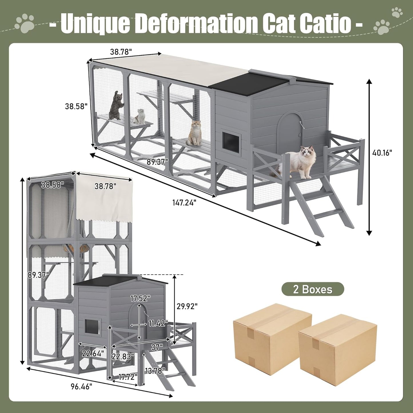 77.25" Large Cat Catio 4 Tiers Cat Enclosure for Outdoor, Cat House with Weatherproof Roof, Platforms,Resting Rooms and Doors for Multiple Cats, Gray