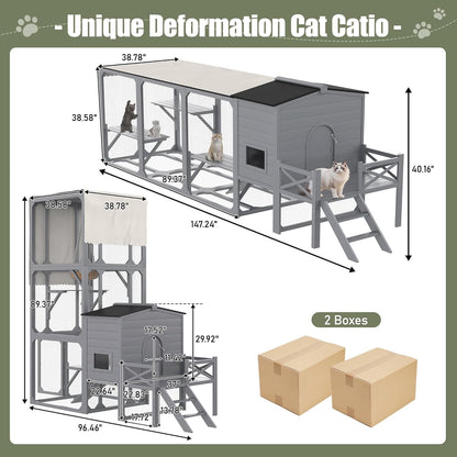 77.25" Large Cat Catio 4 Tiers Cat Enclosure for Outdoor, Cat House with Weatherproof Roof, Platforms,Resting Rooms and Doors for Multiple Cats, Gray