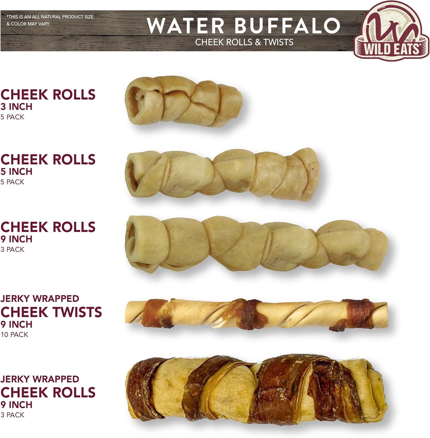 Wild Eats Water Buffalo Retriever Style Cheek Roll Dog Chews-5 Pack (Long Lasting Chews, Treats, Bones for Aggressive Chewers & Large Dogs) Great Substitute Pig Ears Dogs