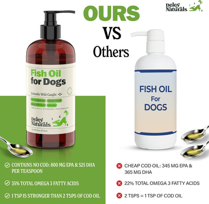 Deley Naturals Dog Fish Oil Icelandic 2X Omega - Dog Itching Skin Relief with Omega 3 6 9 for Allergies, Coat & Heart - Omega 3 Fish Oil for Dogs Skin Irritation - 16oz Omega Oil for Dogs Made in USA