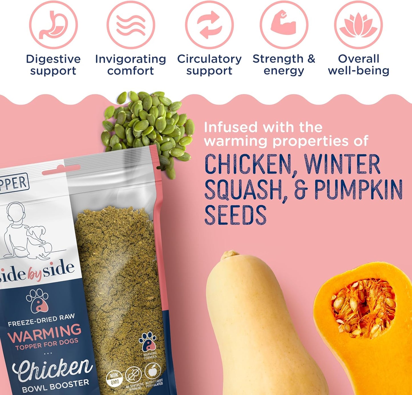 Side by Side Chicken Bowl Booster - Warming Freeze-Dried Dog Food Topper for All Breeds - Made with Nutrients & Whole Raw Foods Toppers for Dogs - No Artificial Additives or Fillers (4 oz, 2-Pack)