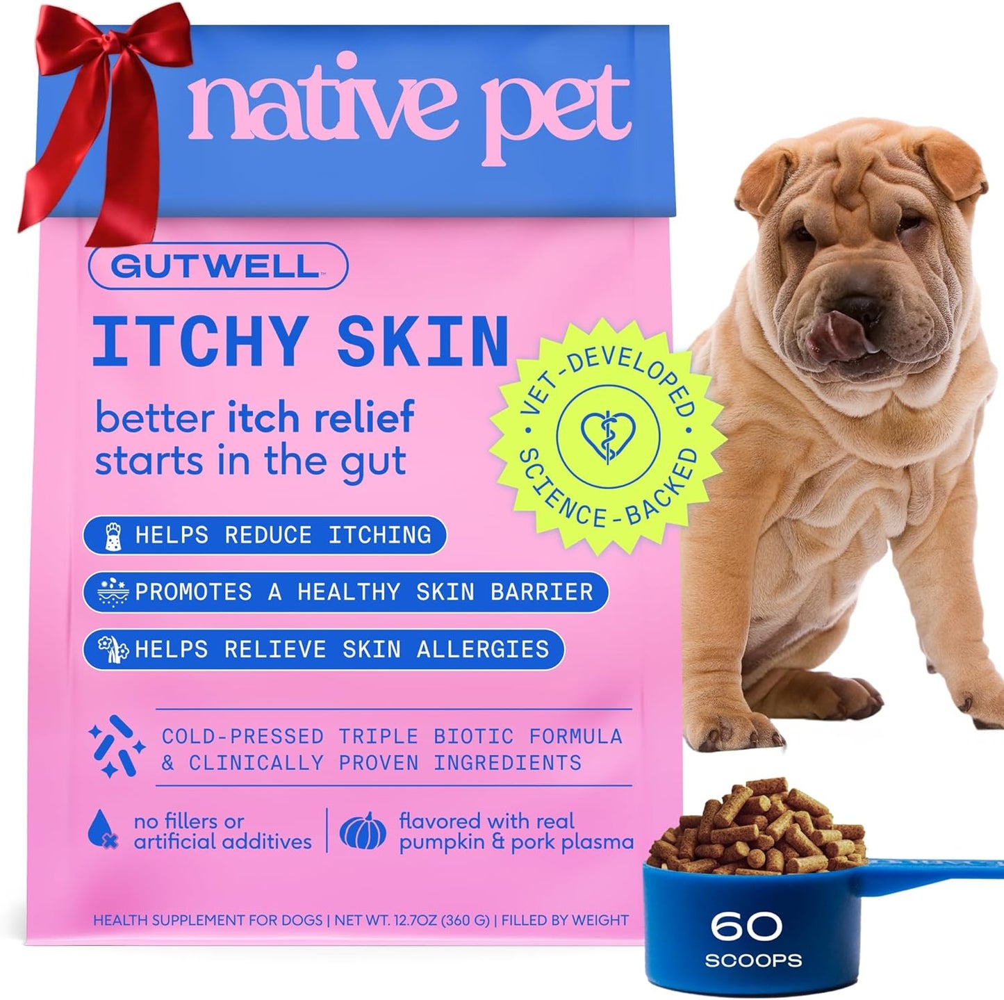 GutWell Itchy Skin - Dog Itching Skin Relief & Seasonal Allergy Itch Relief for Dogs - Promotes Skin Hydration, Elasticity & Healthy Barrier with Triple-biotic Blend, Zinc, & Vitamin E - 60 Scoops