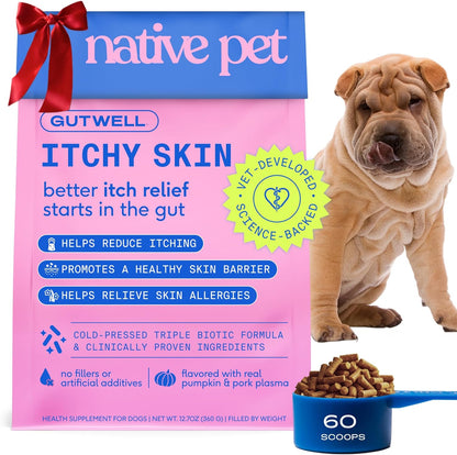 GutWell Itchy Skin - Dog Itching Skin Relief & Seasonal Allergy Itch Relief for Dogs - Promotes Skin Hydration, Elasticity & Healthy Barrier with Triple-biotic Blend, Zinc, & Vitamin E - 60 Scoops