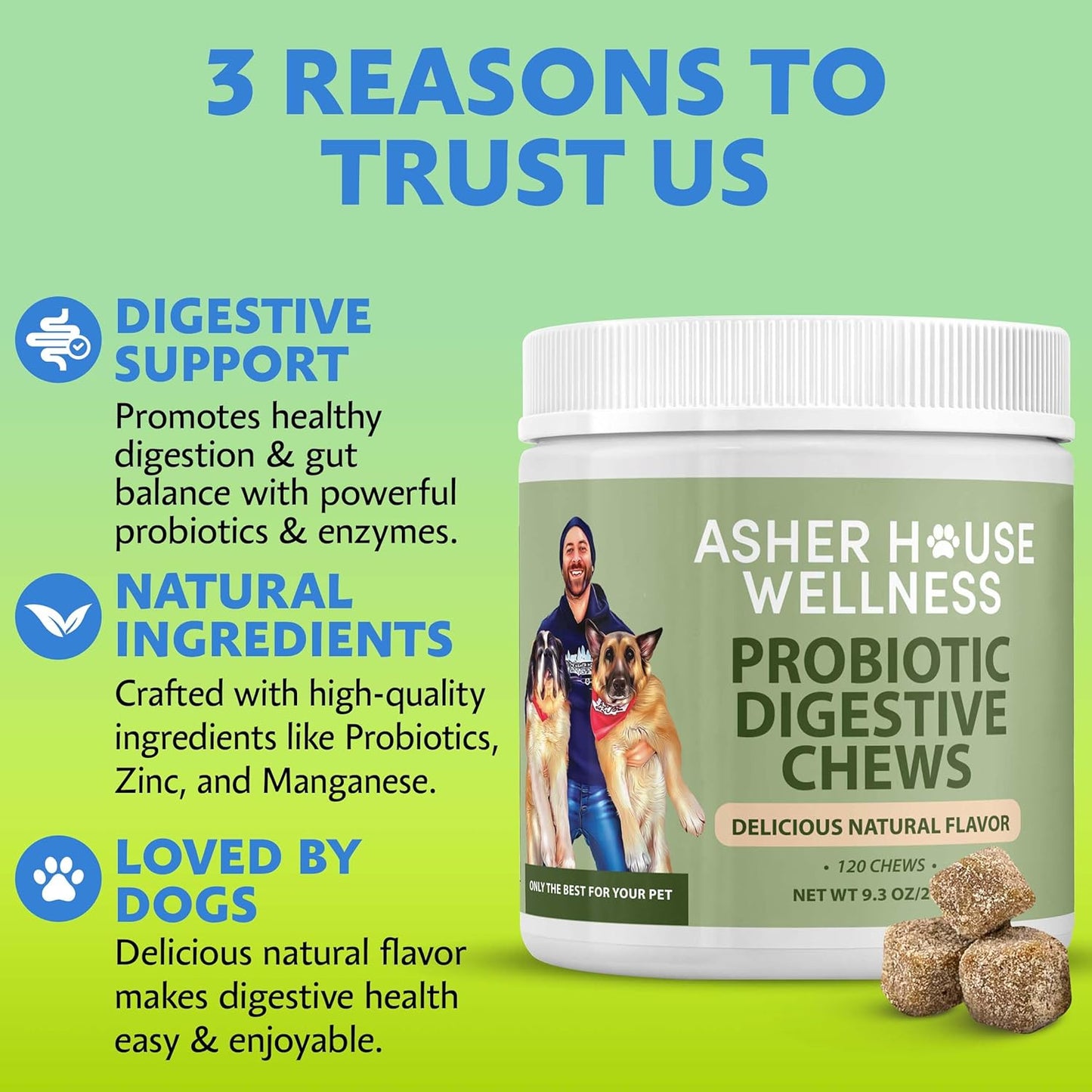 Asher House Wellness Probiotics Digestive Chew for Dogs - Dog Probiotic, Digestive Enzymes for Gut Health & Digestion - Pet Chews for Diarrhea, Upset Stomach, Allergies, Itchy Skin Relief, 120 Chews