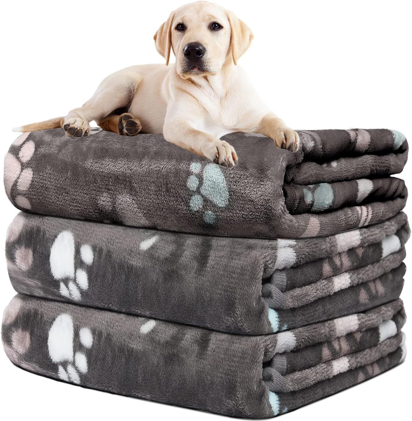 Rezutan Dog Blanket for Large Dogs, Upgraded 3 Pack Dog Cat Flannel Blankets Washable, Soft Pet Throw Cover Suitable for Kennel Crate Bed, Cute Paw Pattern, Grey, 31" x 41"