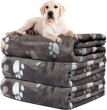 Rezutan Dog Blanket for Large Dogs, Upgraded 3 Pack Dog Cat Flannel Blankets Washable, Soft Pet Throw Cover Suitable for Kennel Crate Bed, Cute Paw Pattern, Grey, 31" x 41"