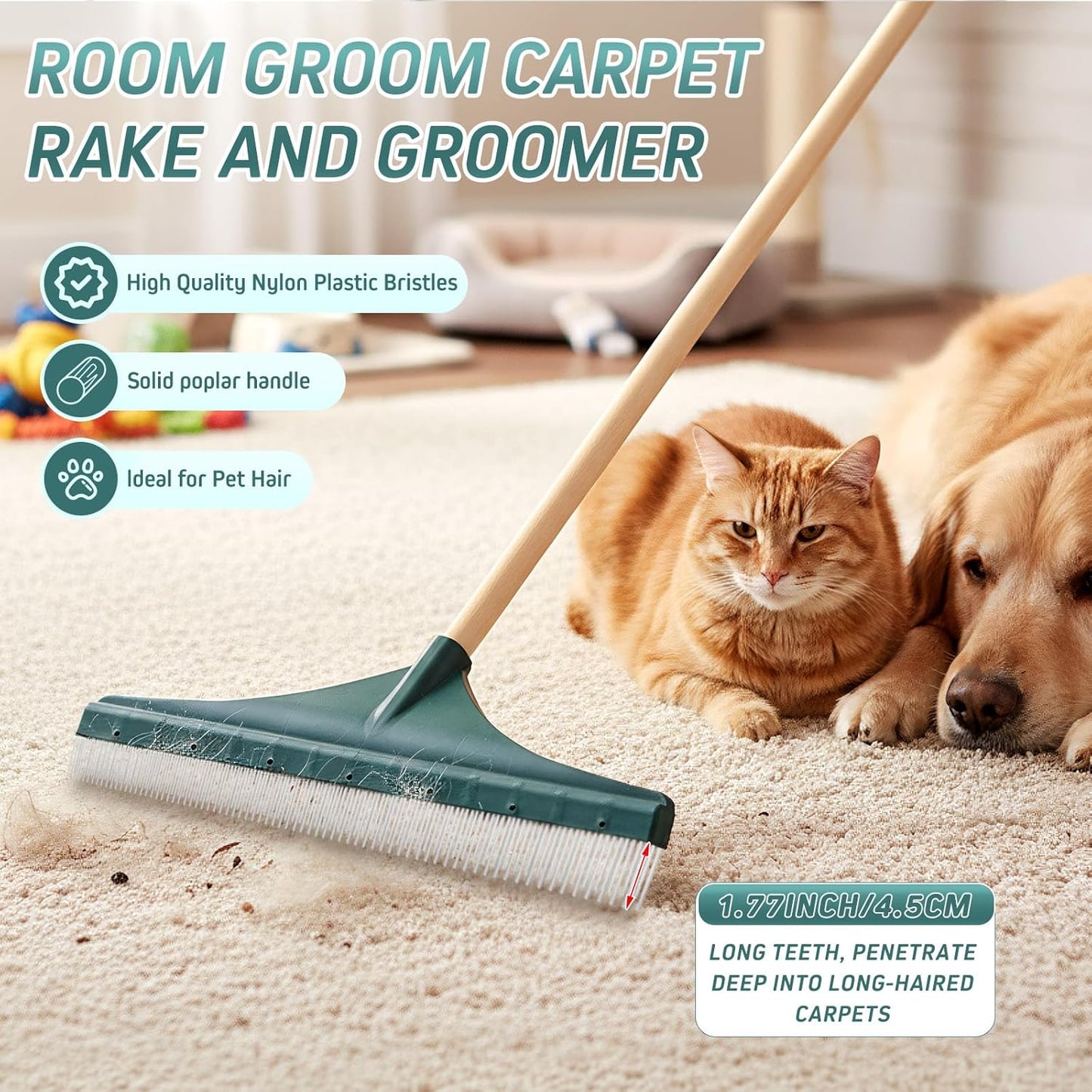 Lasnten 18'' Carpet Rake and Groomer with 54 Inch Wooden Handle, Large Carpet Brush for Fluff Matted, Remove Leaves, Shrubs, Pet Hairs, Debris from Turf