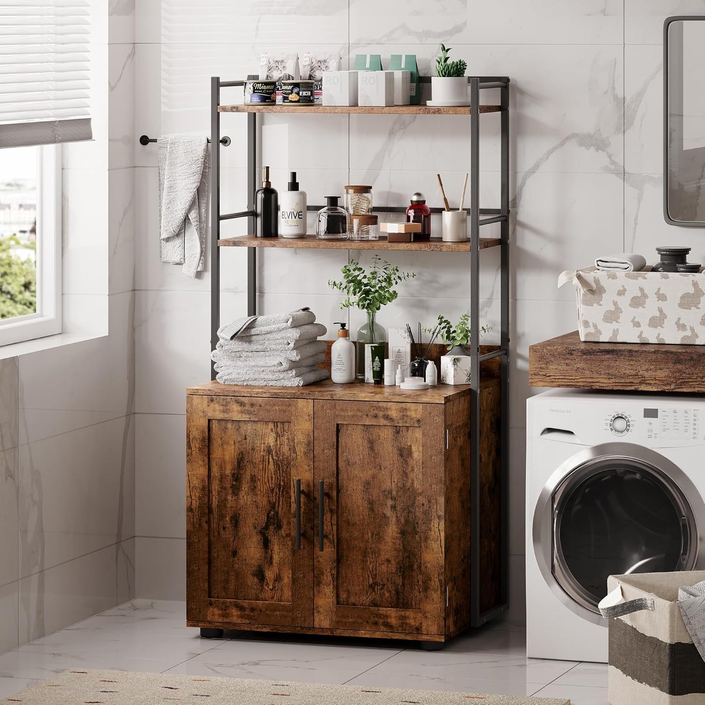 Cat Litter Box Enclosure with 2-Tier Storage Shelves and Doors, Hidden Cat Washroom Furniture with 2 Doors and Ventilation Holes, Indoor Large Cats House Cabinet Bookshelf for Most Litter Box - Brown