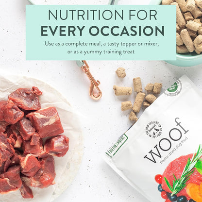 WOOF Freeze Dried Dog Food Bundle - Wild Venison (9.9 oz) & Wild Goat (1.76 oz), High Protein Raw Dog Food, Mixer, Topper, or Treat for All Life Stages