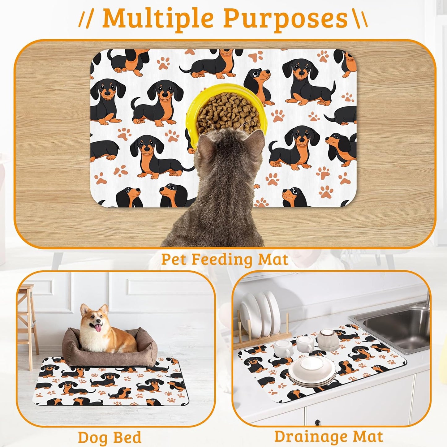 Dog Bowl Mat,Dog Dachshund Pet Feeding Mat for Floors Waterproof,Grey Paws Absorbent Dogs Placemat for Food and Water Quick Dry Pet Cat Feeding Mats with Non Slip Bottom 16" x 24"