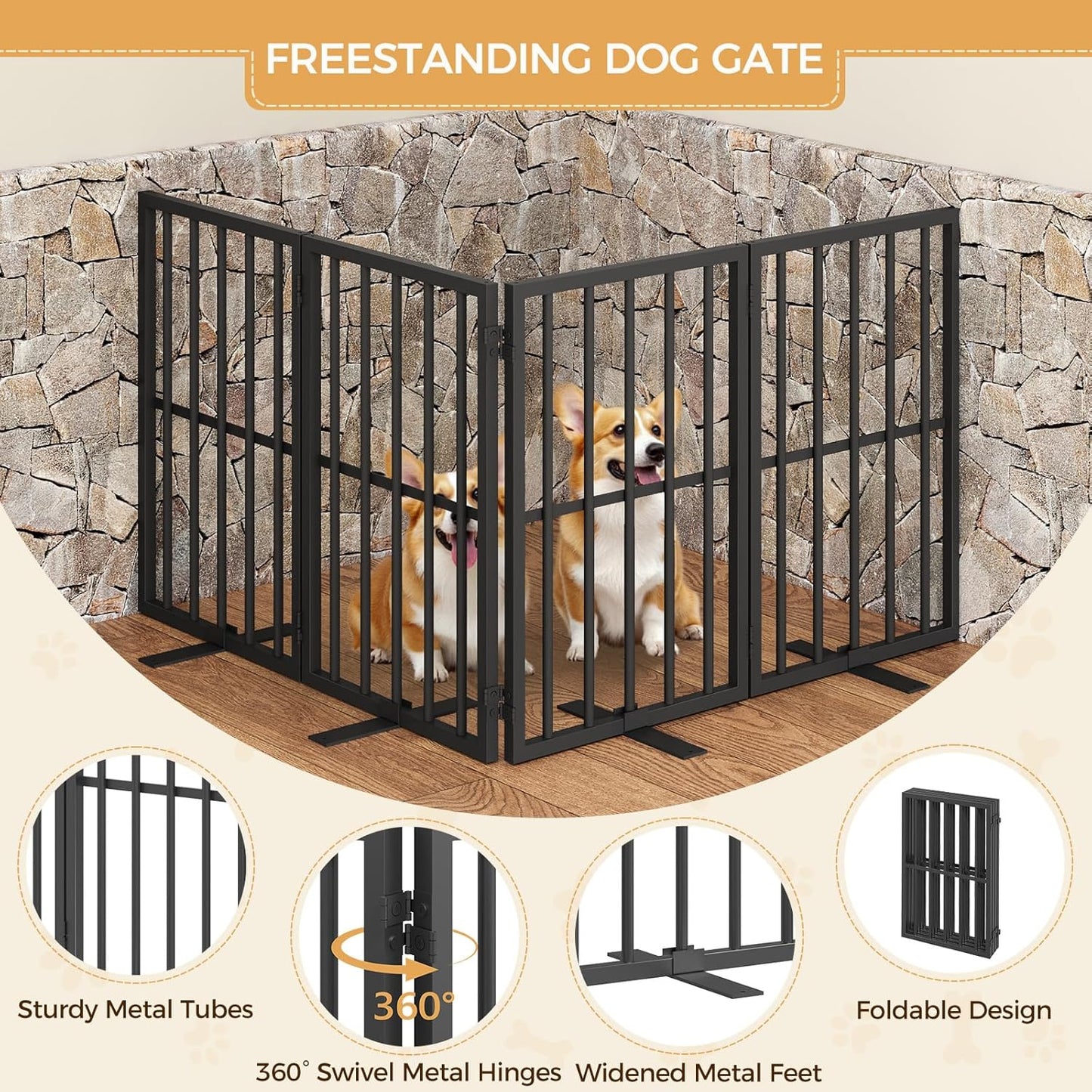 Cat Litter Box Enclosure and Freestanding Dog Gate Bundle, Hidden Litter Box Furniture with Double Room, 4-Panel Foldable Pet Gate with Support Feet, Indoor Use, CWHR1201-DGBK6101