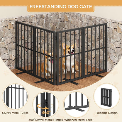 Cat Litter Box Enclosure and Freestanding Dog Gate Bundle, Hidden Litter Box Furniture with Double Room, 4-Panel Foldable Pet Gate with Support Feet, Indoor Use, CWHR1201-DGBK6101