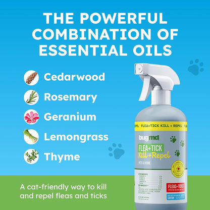 BugMD Pet Safe Flea Spray for Cats & Home | Natural Indoor Flea Killer & Tick Prevention | Plant-Based Flea Treatment for Carpet, Furniture & Cat Trees with Essential Oils