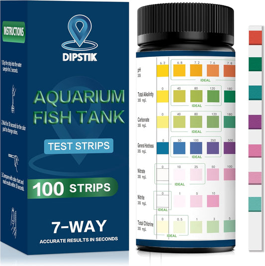 Aquarium Test Strips, 7-Way Freshwater Saltwater Fish Tank Pond Test Kit, 100 Strips, Nitrate, Nitrite, Chlorine, Hardness, Alkalinity, Carbonate, pH