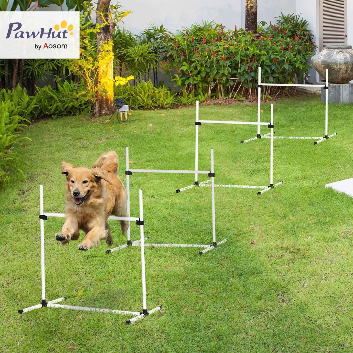 PawHut 4 Piece Dog Agility Training Equipment for Dog Agility Course with Adjustable Height Jump Bars, Included Carry Bag, & Displacing Top Bar, White