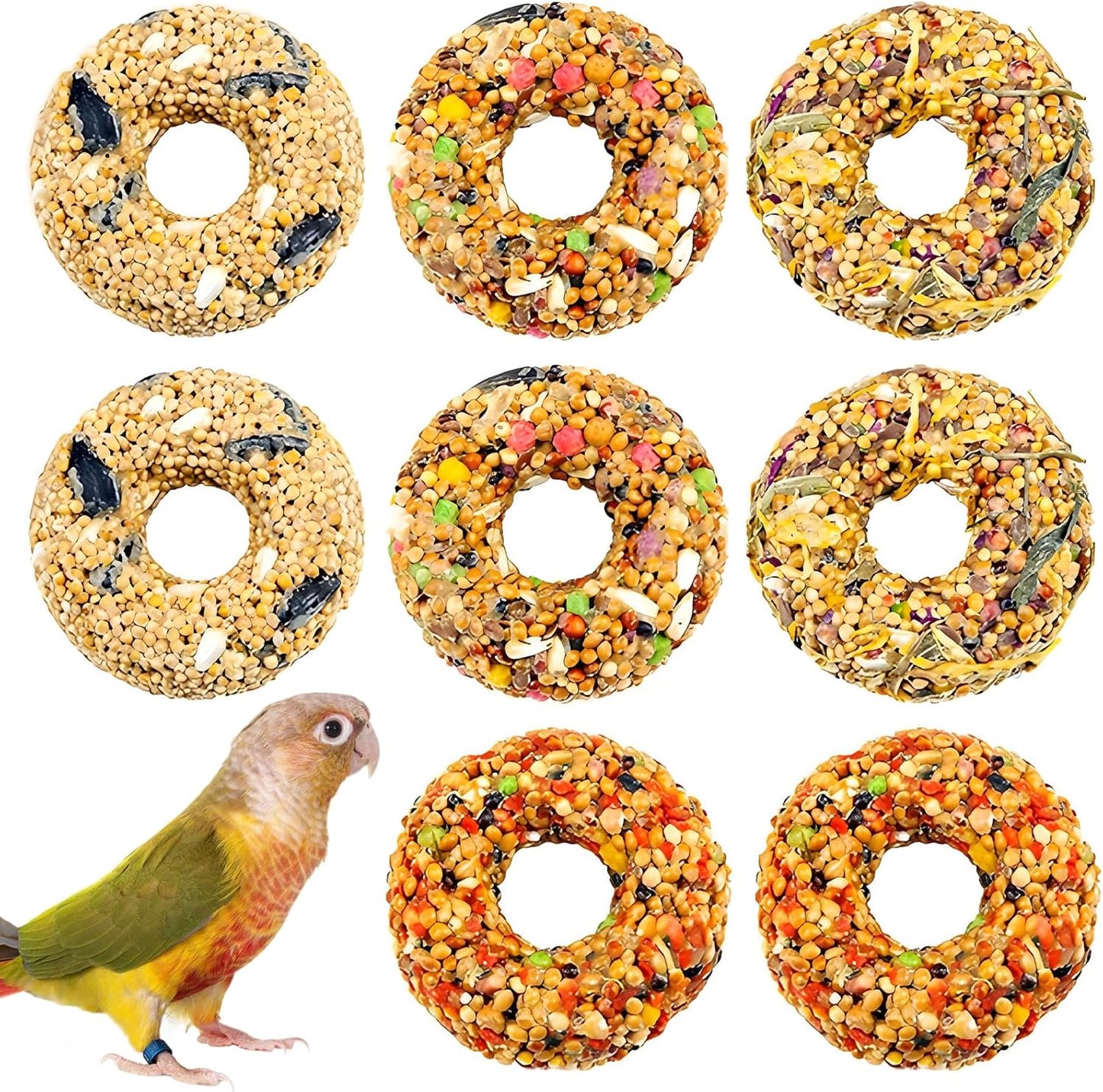 kathson Parakeet Treats, 8 Pcs Donut Shaped Bird Snacks, Grain Fruits Vegetables Herbs Mixed Parrot Treats, Natural Cockatiel Food for Conure Budgie Canary Chewing