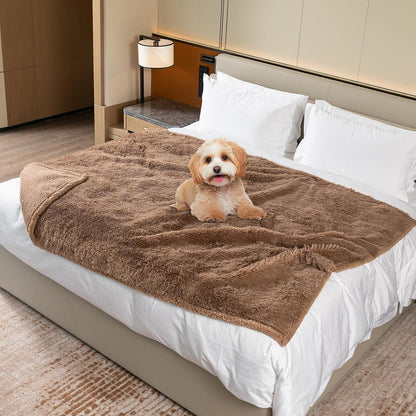 Winter Brown Waterproof Calming Pet Blankets for Dogs Waterproof Long Faux Fur Fluffy Blanket for Doggie Cats Sherpa Fleece Warm Couch Sofa Beds Covers(Brown,L-65x57in)