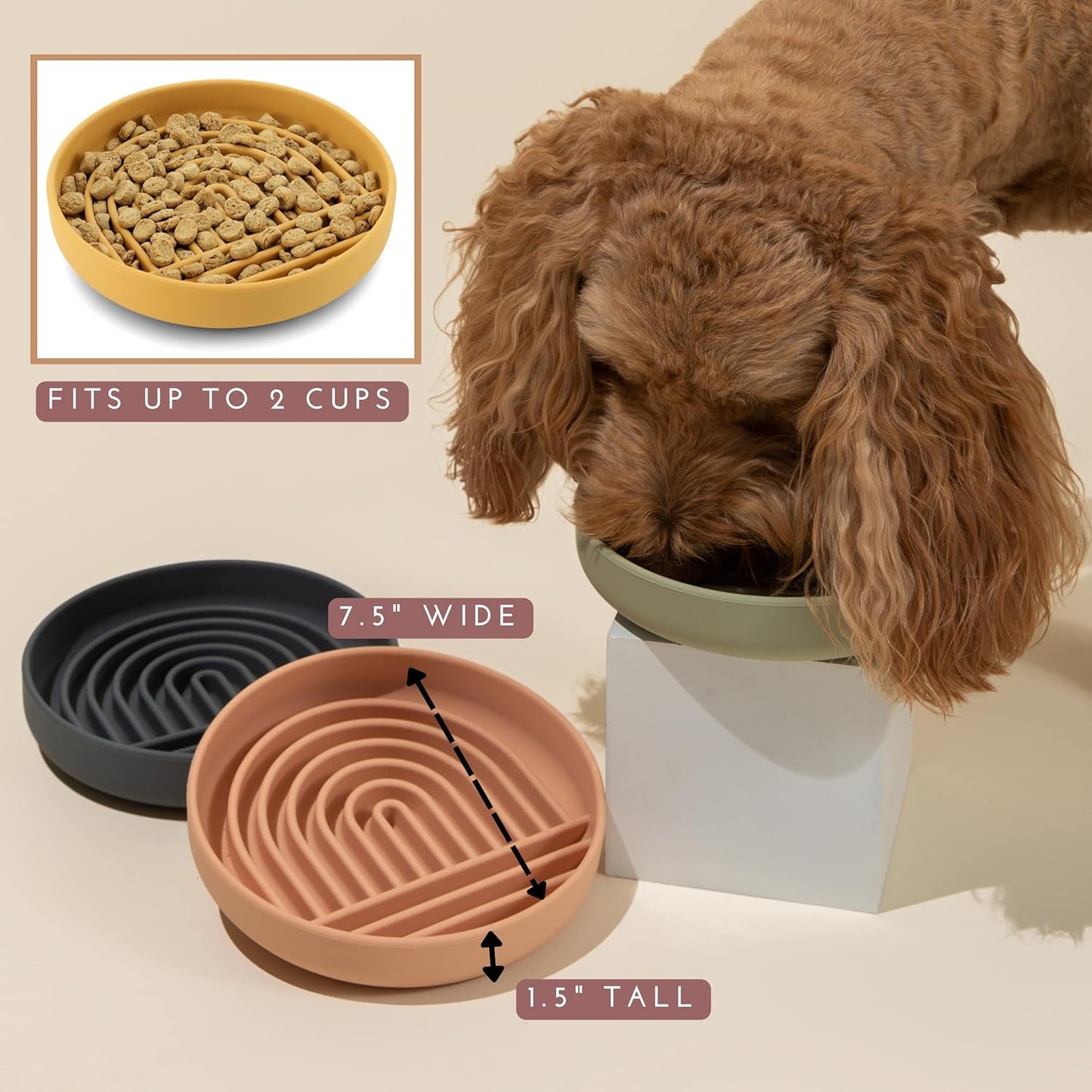 Should We Go? - The Slowdown Bowl Silicone Slow Feeder for Dogs & Puppies, Slow Eating, Modern Lick Mat Design, Reduces Gulping, Fits 2 Cups 7.5” Across x 1.5” Tall, Mealtime Challenge, Medium-Sand