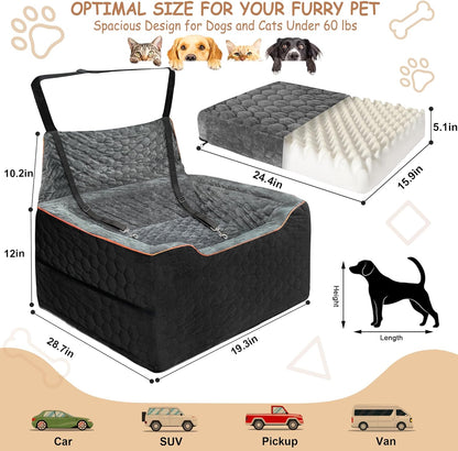 Dog Booster Seat for Larger & Medium Dogs – Comfortable Dog Car Bed with Washable Cover and Storage Pockets for Pets Up to 60lbs (BlackGray)