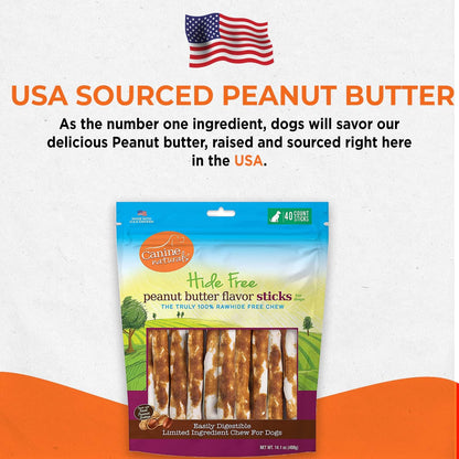 Canine Naturals Peanut Butter Chew - Rawhide Free and Dog Treats - Made from Real Peanut Butter - All-Natural and Easily Digestible - 40 Pack of 5 Inch Stick Chews