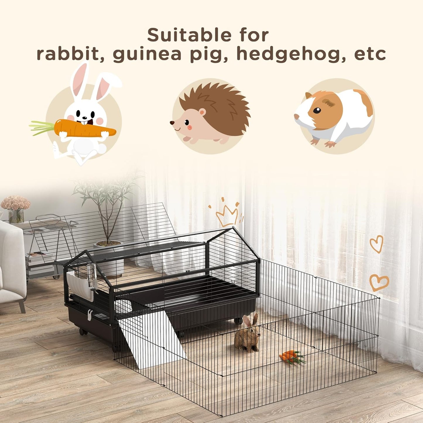 PawHut Small Animal Cage with Foldable Run Area, Rolling Bunny Cage, Guinea Pig Cage with Water Bottle, Water Bowl, and Ramps, 46.5"