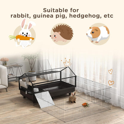PawHut Small Animal Cage with Foldable Run Area, Rolling Bunny Cage, Guinea Pig Cage with Water Bottle, Water Bowl, and Ramps, 46.5"