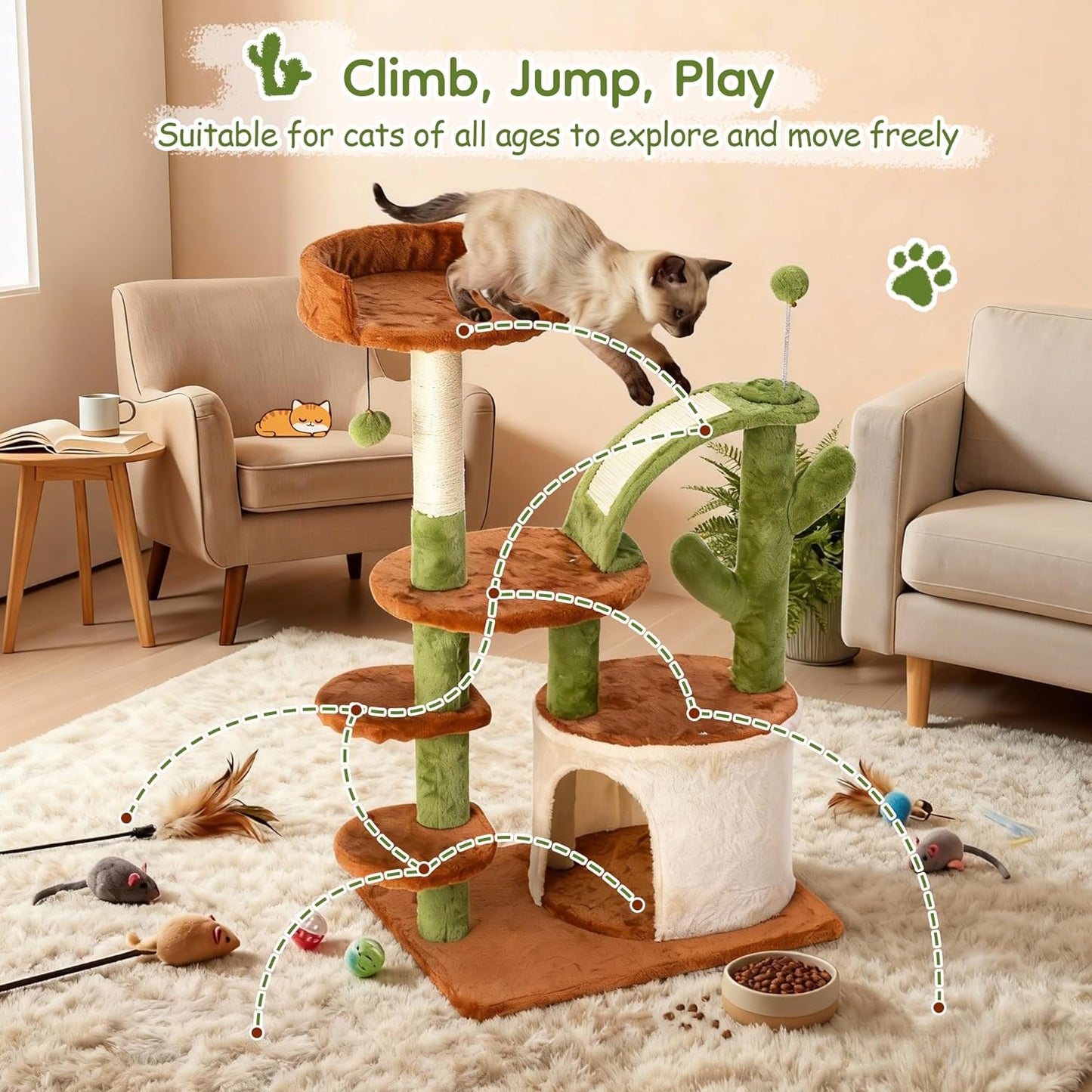 Cactus Cat Tree for Indoor Cats, Multi-Level Tower with Sisal Scratching Posts, Stable Cat Condo with Perches and Steps, 36.6", Brown