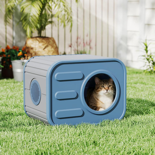 LHBcraft Outdoor Cat House Weatherproof, Feral Cat Houses for Outdoor Indoor Cats, Insulated Cat House with Camera-Shaped Design, Easy to Assemble Blue