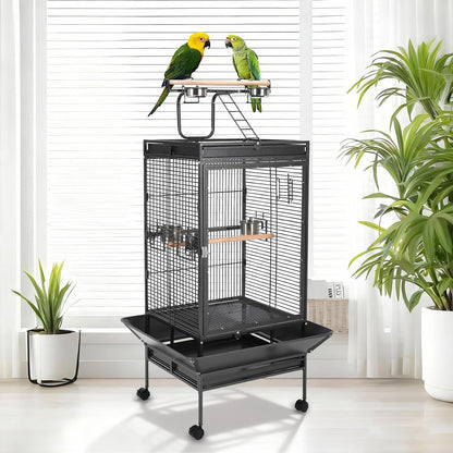 65 Inch Playtop Wrought Iron Large Parrot Bird Cages with Rolling Stand,4 Stainless Steel Bowls,Slide-Out Tray for Cockatiels Quaker Conure Parakeet Lovebird Finch Canary Small Medium Parrot Cage