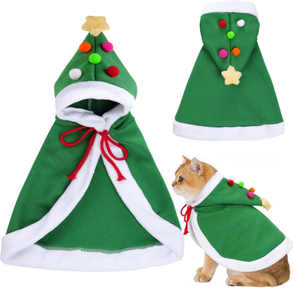 1Pc Cat Christmas Cape with Star and Pompoms Hat Festive Pets Christmas Costume Green Soft Cloak for Small Breed Dogs Holiday Party Outfit Pet Attire M Size