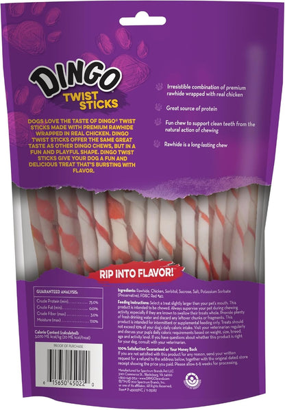 Dingo Twist Sticks 50 Count, Premium Rawhide Treats For Dogs Made with Real Chicken 50-Count